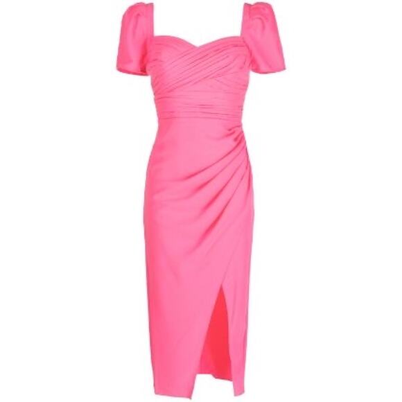 Self-Portrait Pink  Iris Puff-Sleeve Stretch Crepe Gathered Midi-Dress US 4 - Picture 2 of 14